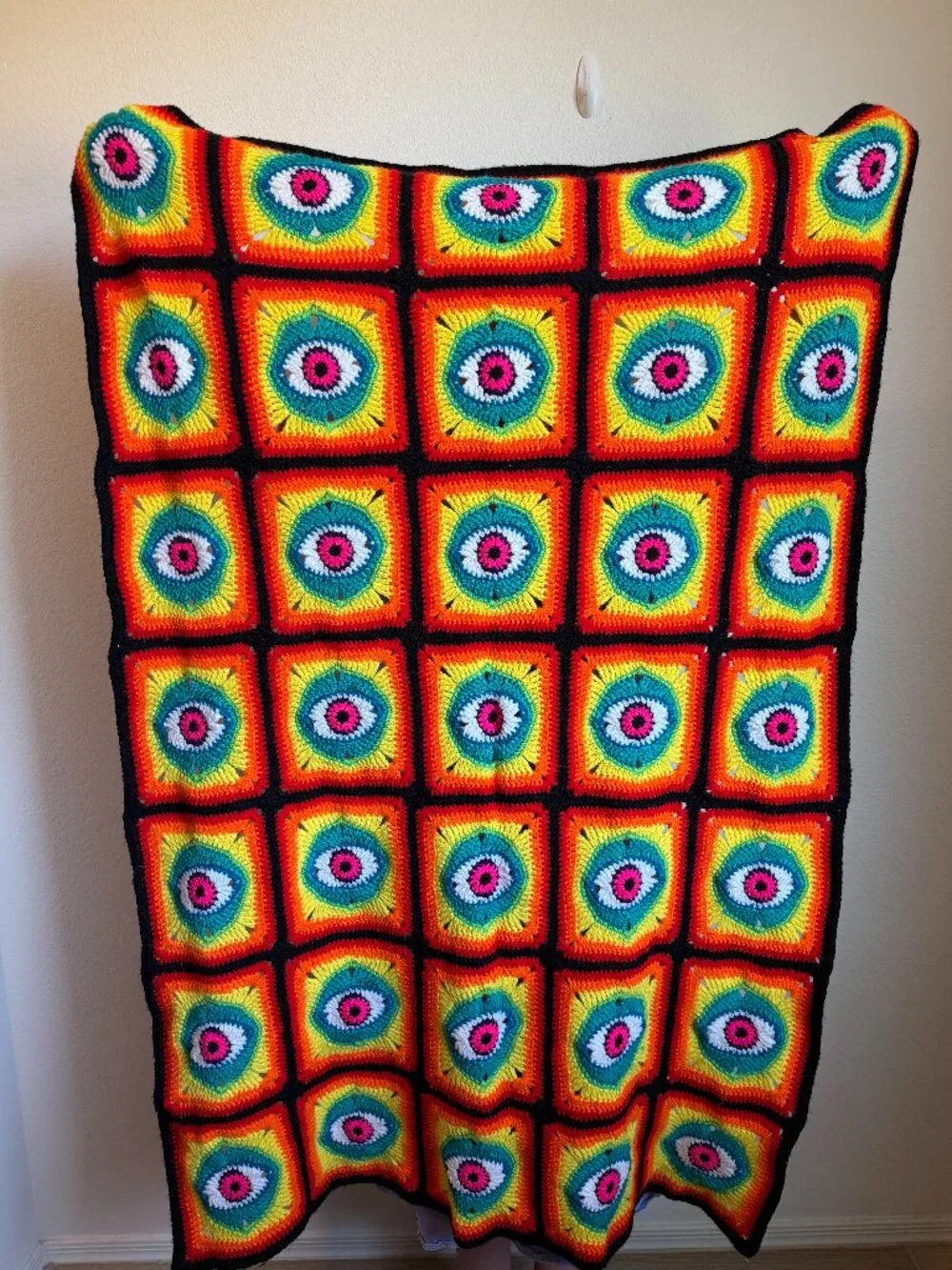 Handmade Neon Rainbow Evil Eye Granny Square Blanket 38x55